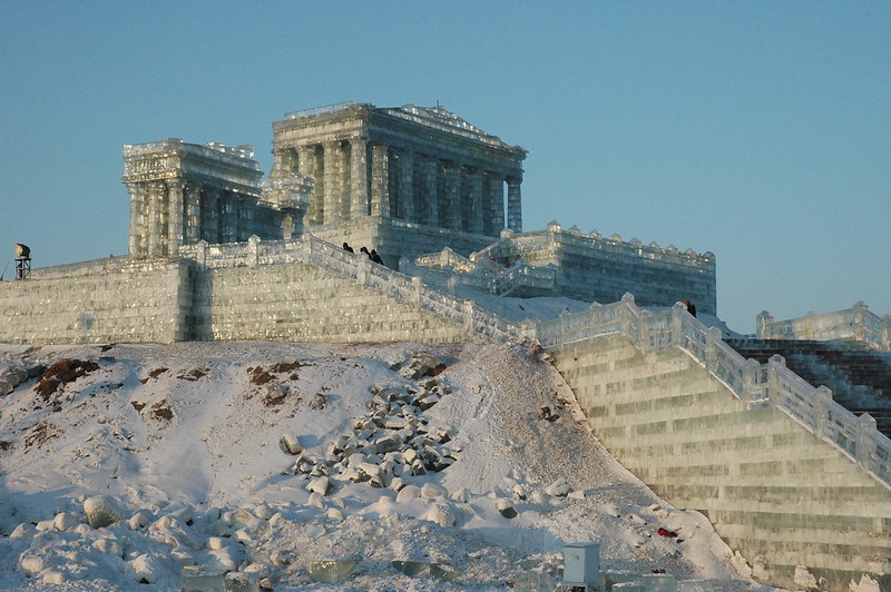 A life-sized ice building in the shape of a Greek temple
